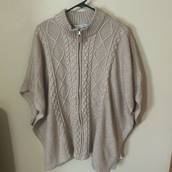 Cupcakes & Cashmere Cream Cable Knit Mock Neck Full-zip Poncho Sweater - Picture 1 of 5